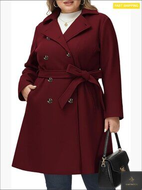 Plus Size Wool Pea Coat Double Breasted Notch Lapel Chic Winter Outerwear